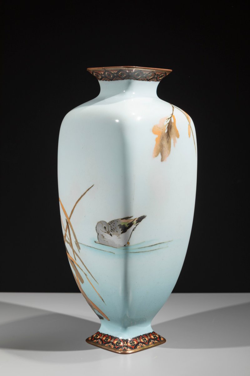 Vaso cloisonné con coppia di anatre lungo un corso d’acqua-photo-3