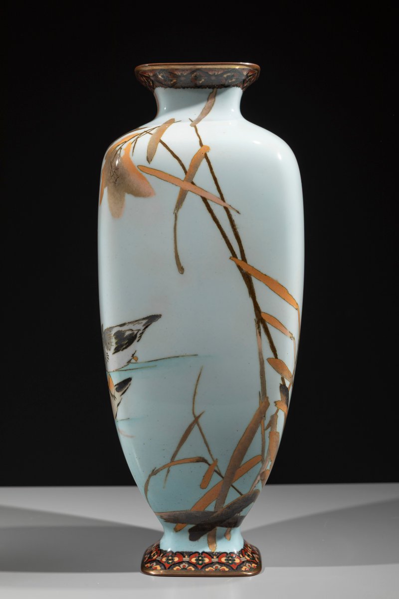 Vaso cloisonné con coppia di anatre lungo un corso d’acqua-photo-3