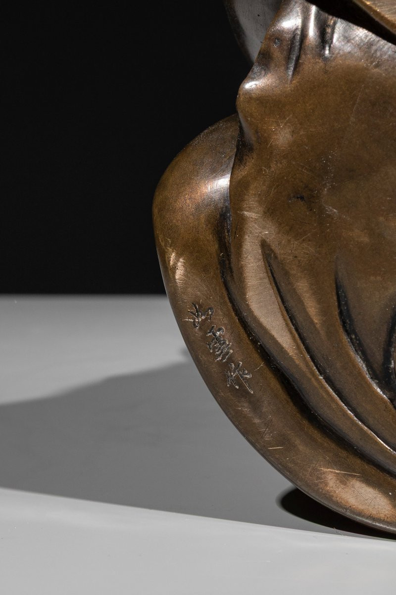 Okimono in bronzo raffigurante una danzatrice con ventaglio -photo-8