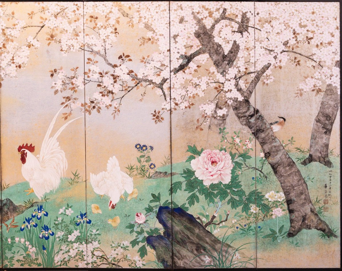 Paravento a otto pannelli su foglia d’argento raffigurante una scena primaverile -photo-2