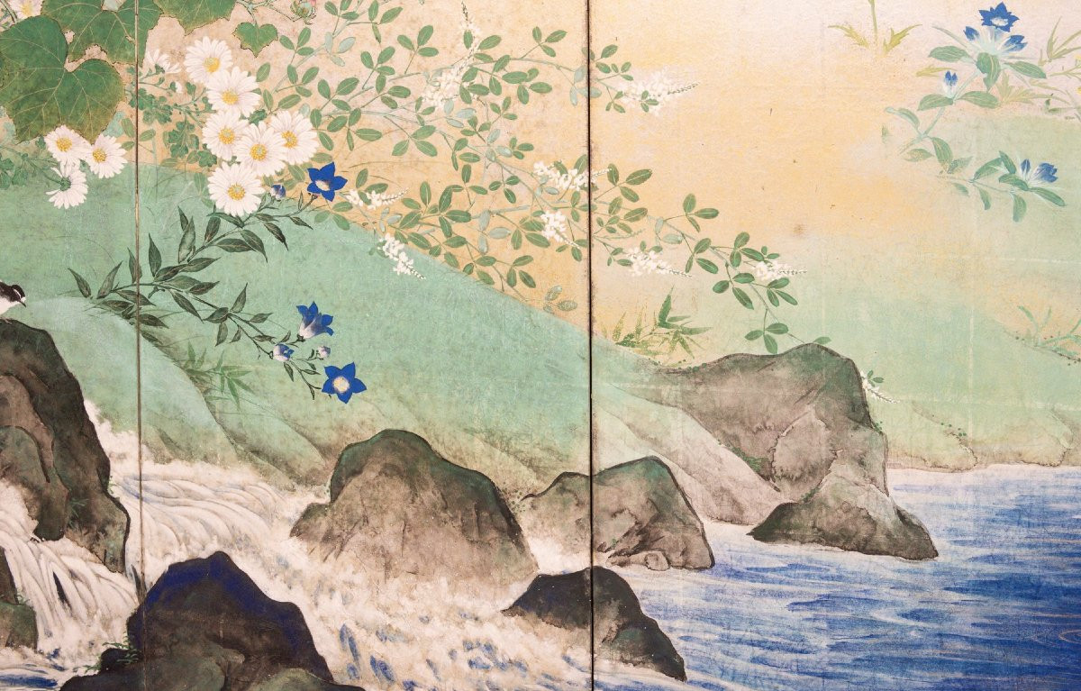 Paravento a otto pannelli su foglia d’argento raffigurante una scena primaverile -photo-4