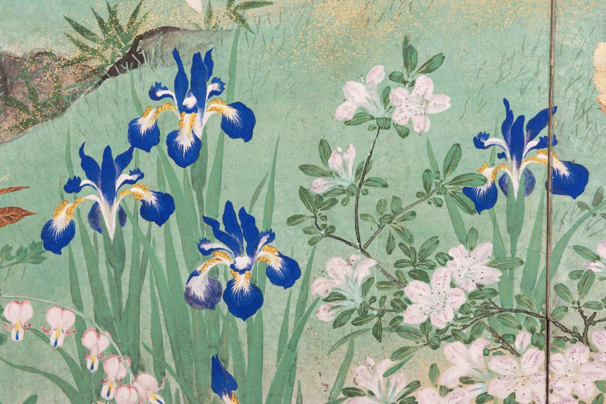 Paravento a otto pannelli su foglia d’argento raffigurante una scena primaverile -photo-1