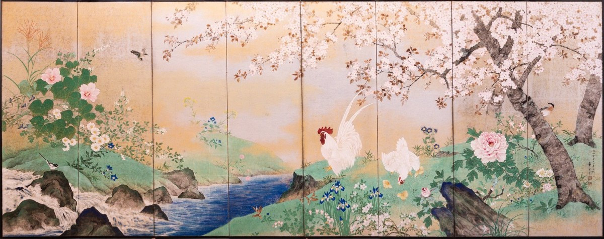 Paravento a otto pannelli su foglia d’argento raffigurante una scena primaverile 