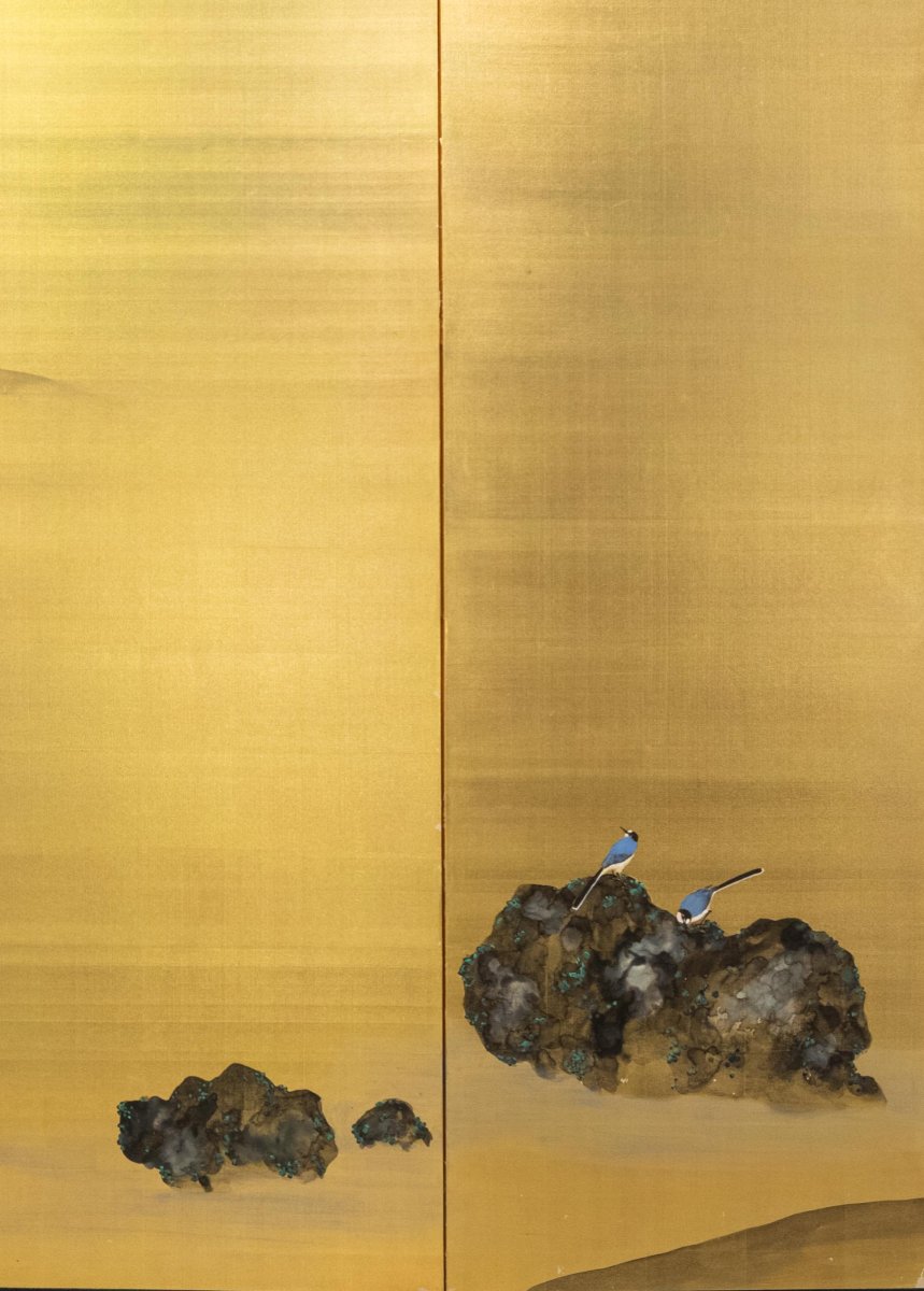 Paravento a sei pannelli con gazze e paesaggio fluviale -photo-2