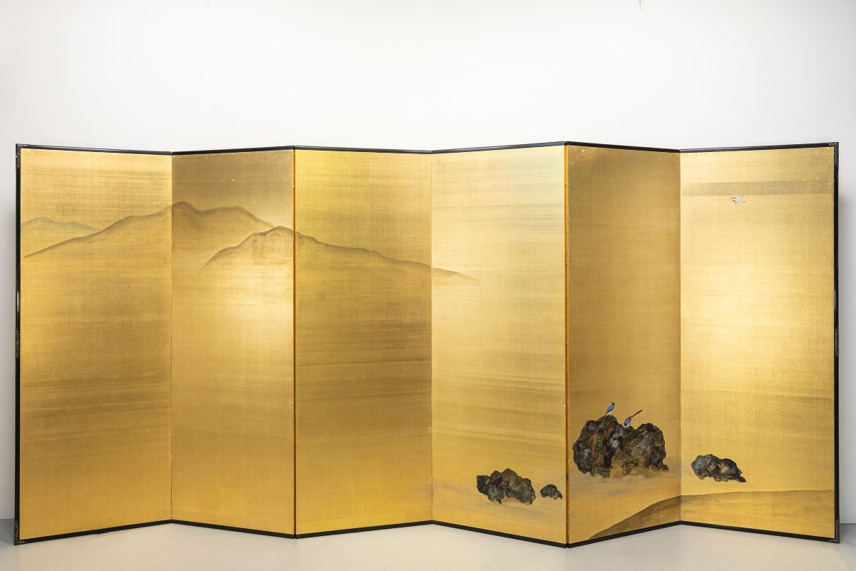 Paravento a sei pannelli con gazze e paesaggio fluviale -photo-4