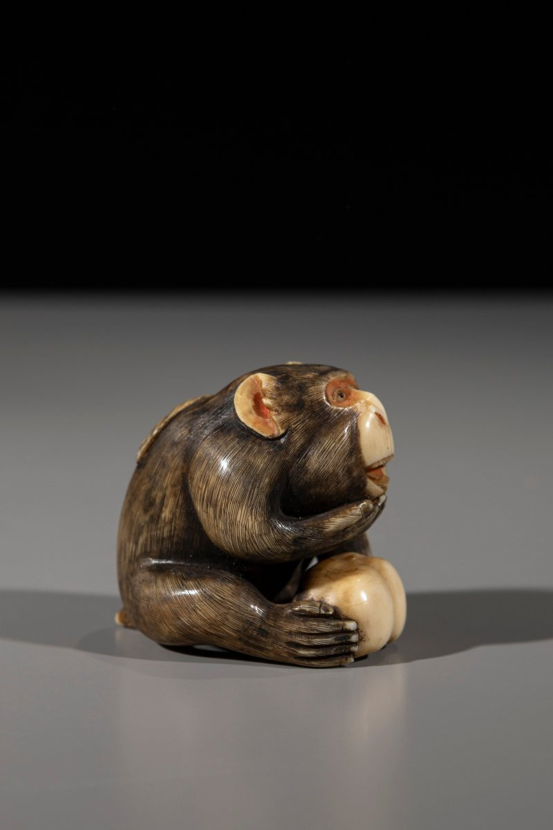 Netsuke in avorio raffigurante una scimmia con frutto -photo-2