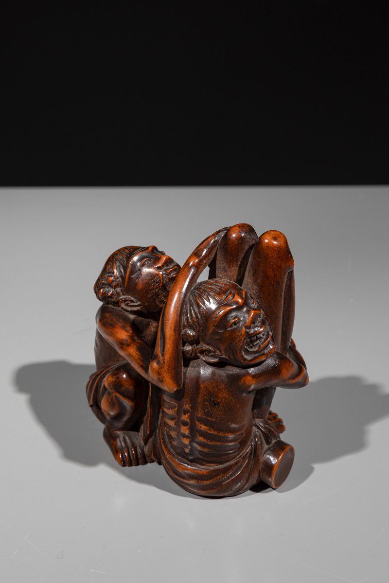 Okimono shunga in legno di bosso con Ashinaga e Tenaga -photo-2