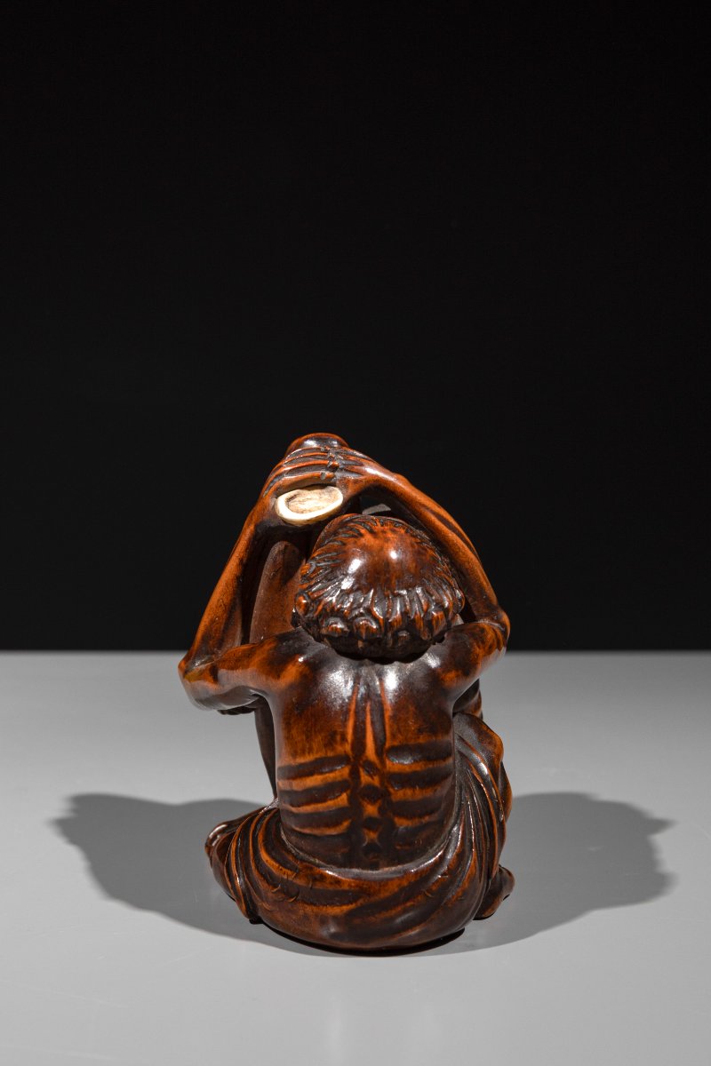Okimono shunga in legno di bosso con Ashinaga e Tenaga -photo-2