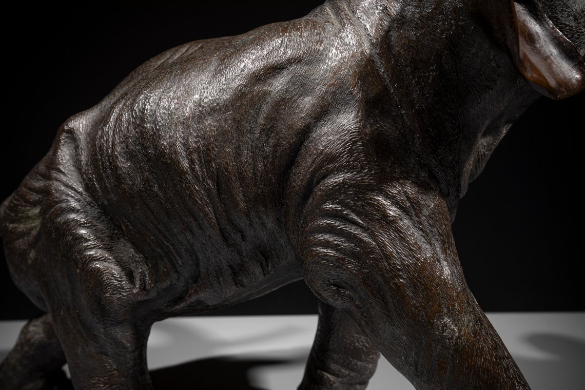 Okimono in bronzo raffigurante un elefante con la proboscide sollevata, firmato Gyokusui -photo-5