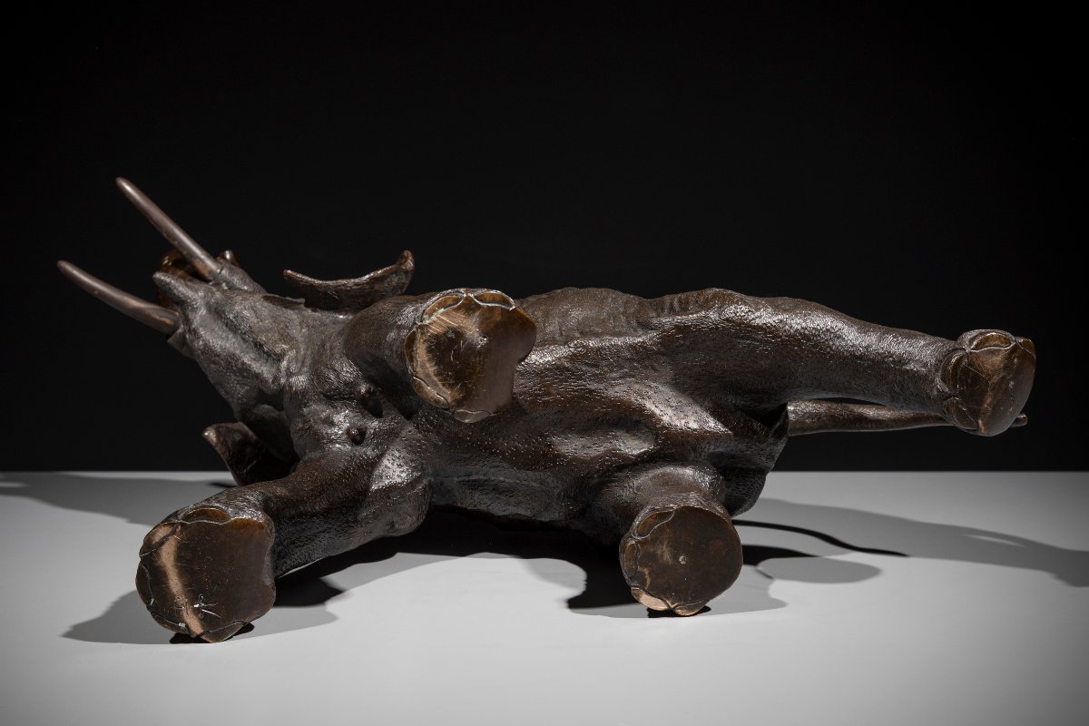 Okimono in bronzo raffigurante un elefante con la proboscide sollevata, firmato Gyokusui -photo-7