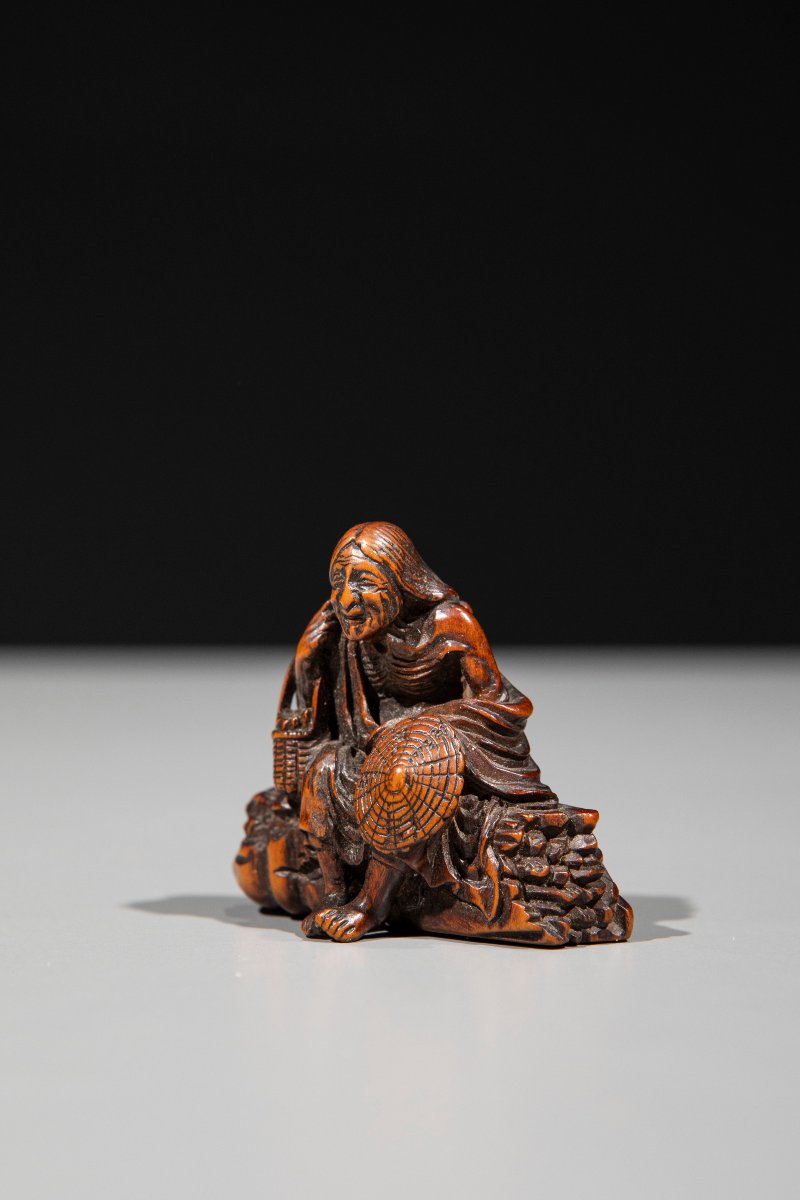 Netsuke in legno di bosso raffigurante Ono No Komachi -photo-2
