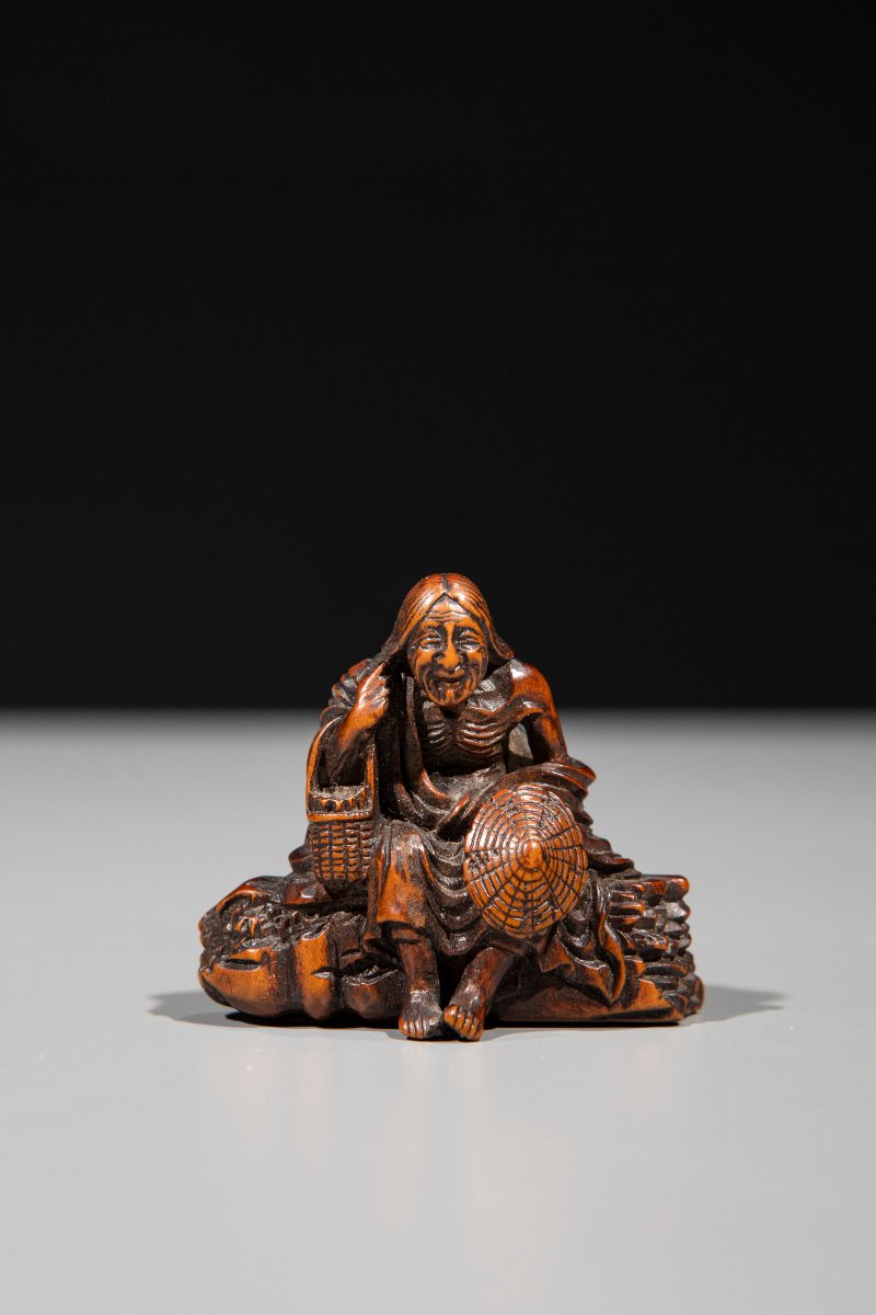 Netsuke in legno di bosso raffigurante Ono No Komachi 