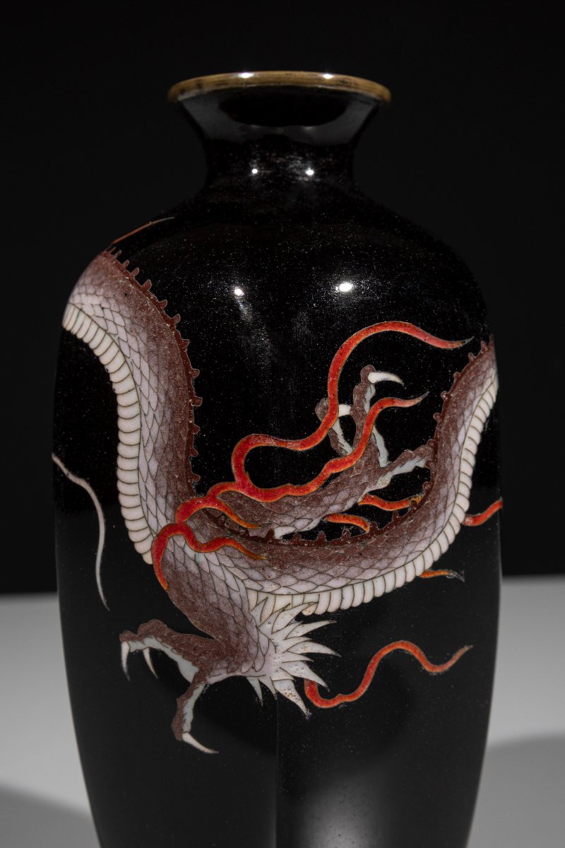 Vaso cloisonné esagonale raffigurante un drago ryu-photo-4