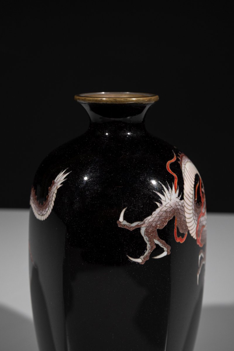 Vaso cloisonné esagonale raffigurante un drago ryu-photo-5