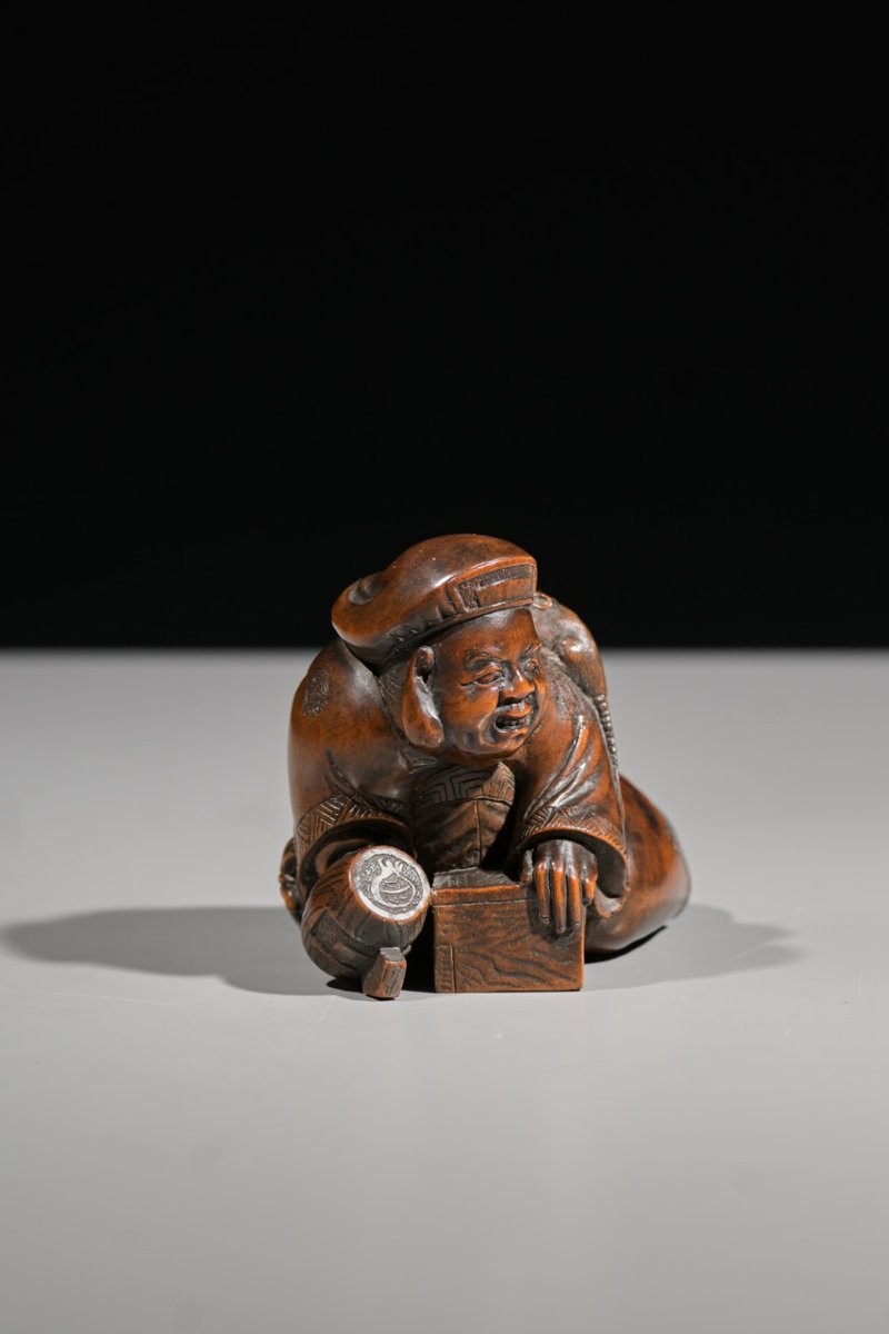 Okimono in legno di bosso raffigurante Daikokuten con topolino -photo-2