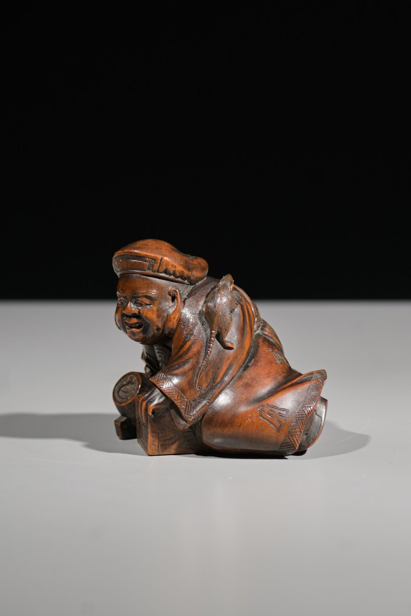 Okimono in legno di bosso raffigurante Daikokuten con topolino -photo-2