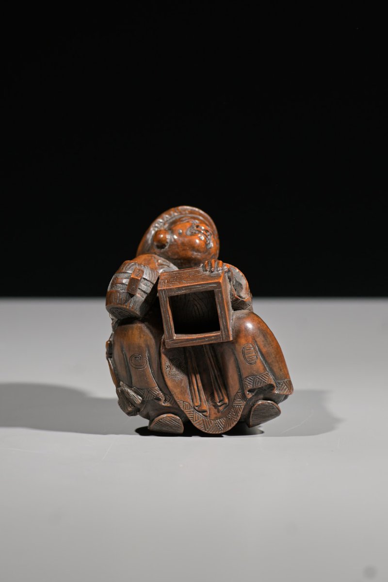Okimono in legno di bosso raffigurante Daikokuten con topolino -photo-4
