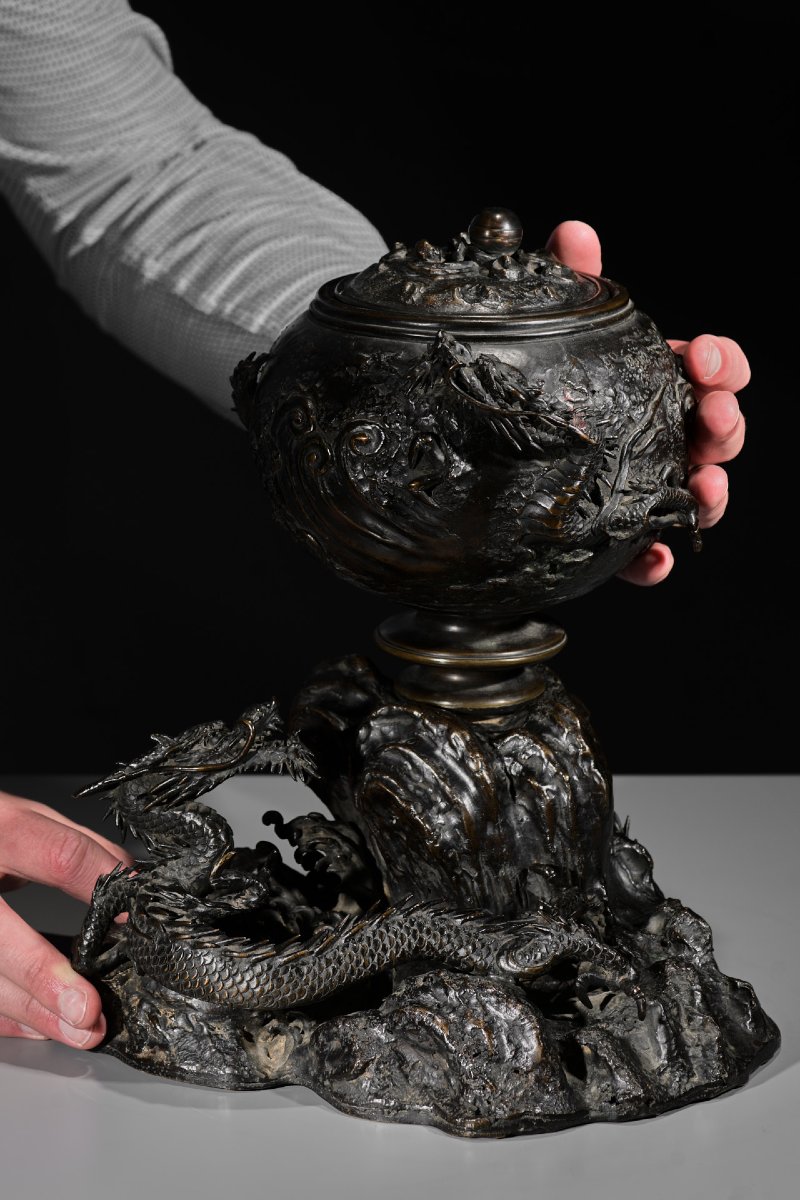 Kōro in bronzo raffigurante una coppia di draghi che si affrontano-photo-2