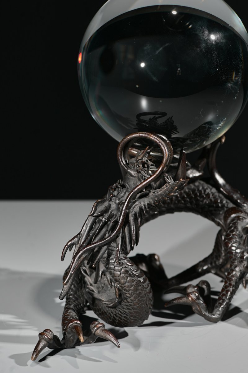 Scultura in bronzo raffigurante un drago Ryu con sfera-photo-3