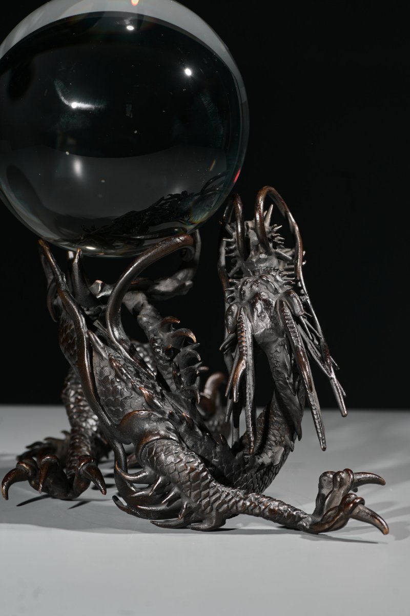 Scultura in bronzo raffigurante un drago Ryu con sfera-photo-4