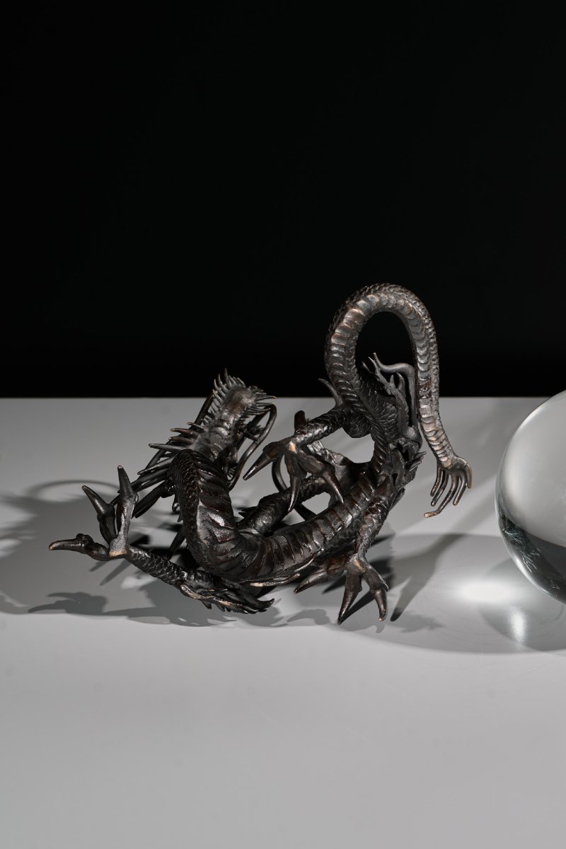Scultura in bronzo raffigurante un drago Ryu con sfera-photo-4