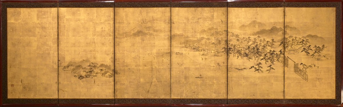 Paravento a sei pannelli con paesaggio di hama su fondo in foglia d’oro