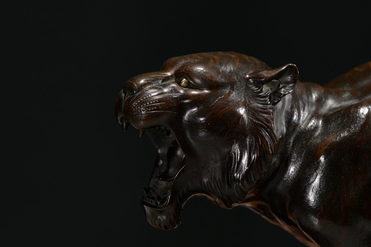 Scultura in bronzo patinato raffigurante una tigre, firmato Maruki Sei-photo-3