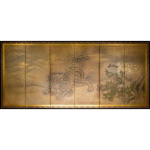 Paravento a sei pannelli raffigurante uno shishi firmato Hōgen Kosensō Hitsu Kano Tsunenobu