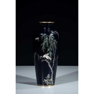 Vaso cloisonné a fondo blu raffigurante aironi e salice piangente