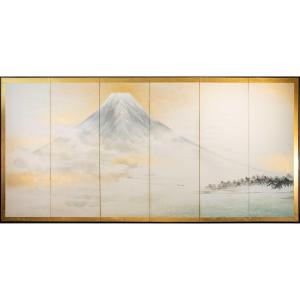 Paravento a sei pannelli raffigurante il Monte Fuji visto dal lago Kawaguchi