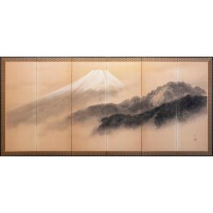 Paravento a sei pannelli in carta raffigurante il Monte Fuji avvolto nella nebbia