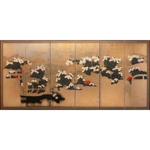 Paravento a sei pannelli in carta raffigurante un giardino di crisantemi