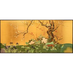 Paravento a sei pannelli dipinto su seta raffigurante un giardino primaverile