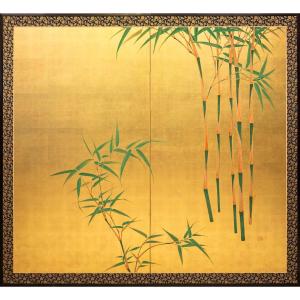 Paravento pieghevole a due ante con piante di bambù su foglia oro