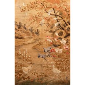 Arazzo in seta raffigurante un paesaggio con uccelli in volo