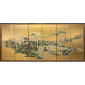 Paravento a sei pannelli con foglia oro animato da figure della dinastia Tang