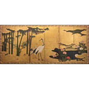 Paravento a sei pannelli in foglia oro con gru tra bambù e peonie