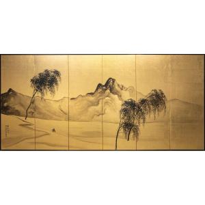 Paravento a sei pannelli con paesaggio montano in inchiostro sumi-e
