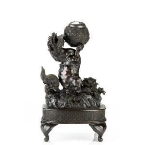Imposant Brûle-parfum En Bronze Représentant Un Shishi