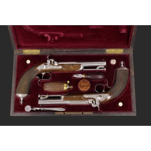 Cased Pair Of Percussion Pistols, Signed A Camus In Paris, France, Circa 1845.