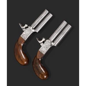 Pair Of Damascened Double-barreled Percussion Pistols, Circa 1850.