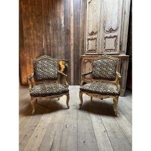 Pair Of Armchairs In Natural Wood, Molded And Carved