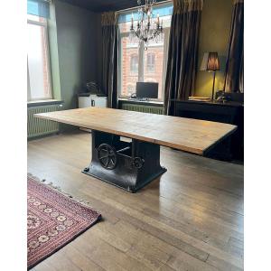 Industrial Table With Cast Iron Base And Oak Top