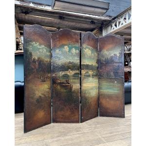 Four-panel Painting On Canvas Screen