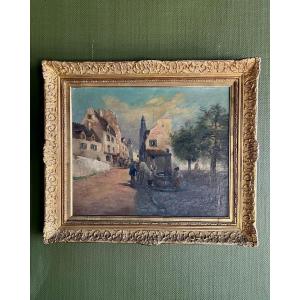 Pair Of Paintings Of Village Scenes, Oil On Canvas, Carved Gilt Frames