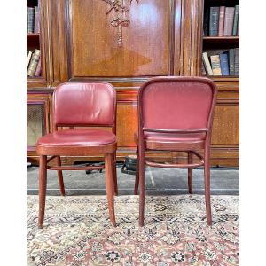 Set Of Art Deco Chairs In Curved Wood And Red Leather