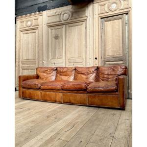 4-seater Sofa In Studded Full-grain Leather, Single-panel Back And Feather Cushions