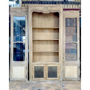 Oak Bookcase With Glass Doors And Central Niche