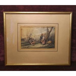 Drawing Representing A Hunter On Horseback At Bivouac Signed Noêl Dieudonné Finart Dated 1830