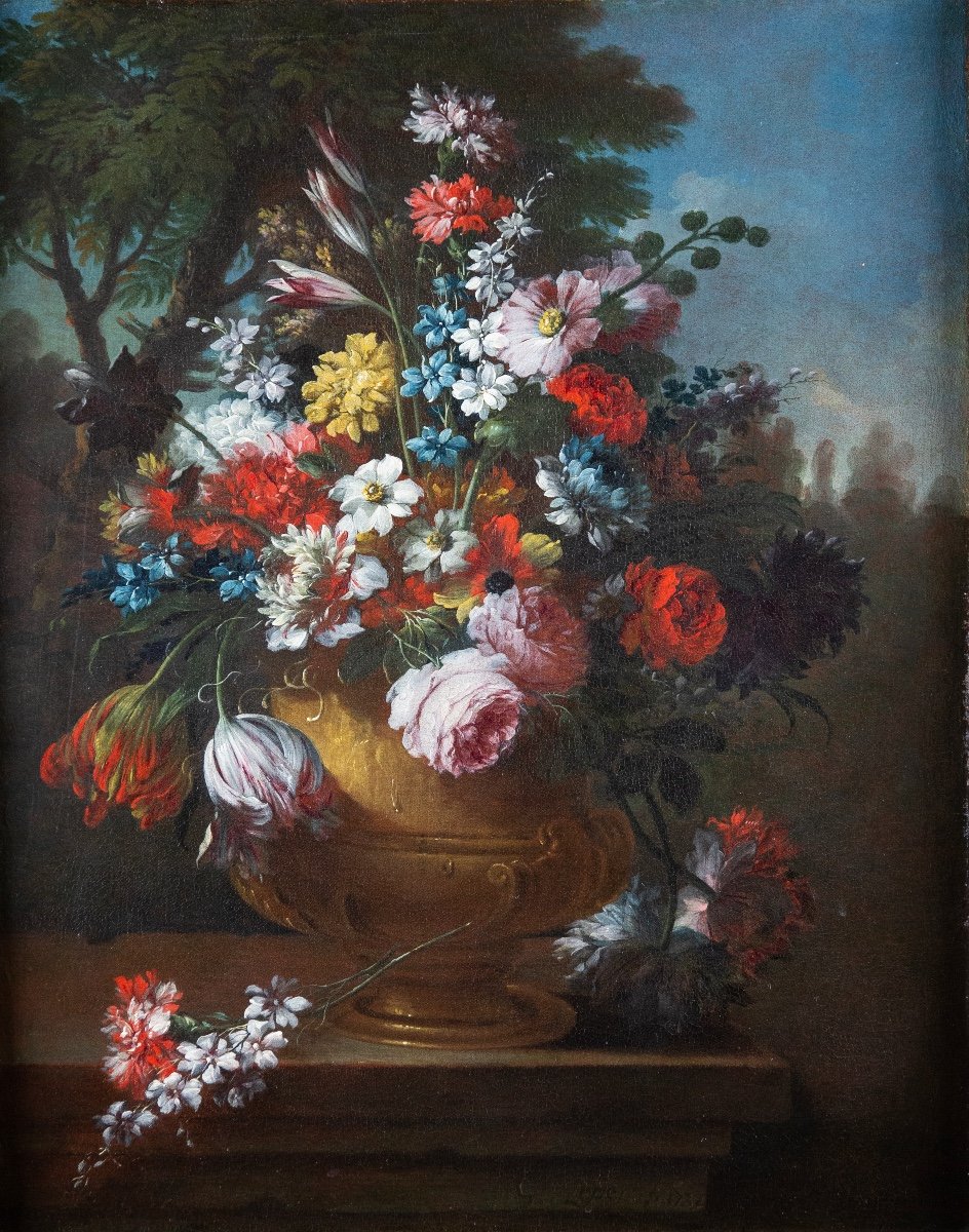 “Natura morta di fiori in un giardino”.Firmato e datato sul davanzale: “G. Lopez f. 1732“-photo-2
